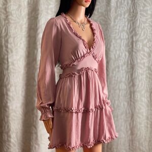 NWOT Trixxi Dusty Mauve Ruffle Tiered Empire Waist Mini Dress‎ Romantic Size S